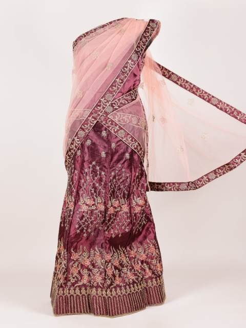 

Pothys Pink & Purple Floral Embroidered Satin Half and Half Saree