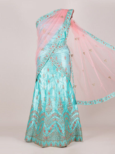 

Pothys Pink & Green Ethnic Motifs Embroidered Satin Half and Half Saree