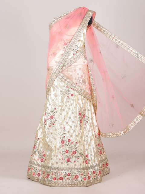 

Pothys Pink & Cream Floral Embroidered Satin Half and Half Saree