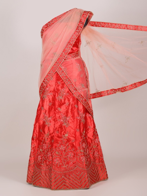 

Pothys Peach & Red Floral Embroidered Satin Half and Half Saree