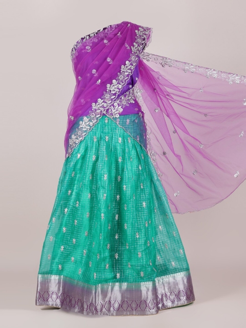 

Pothys Lavender & Green Embellished Unstitched Lehenga & Blouse With Dupatta