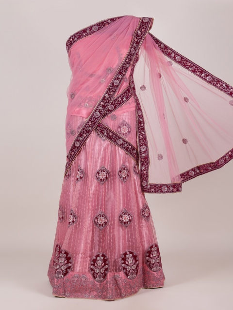 

Pothys Pink Embroidered Unstitched Lehenga With Blouse & Dupatta