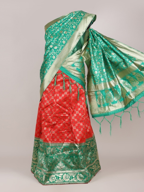 

Pothys Green & Red Unstitched Lehenga & Blouse With Dupatta