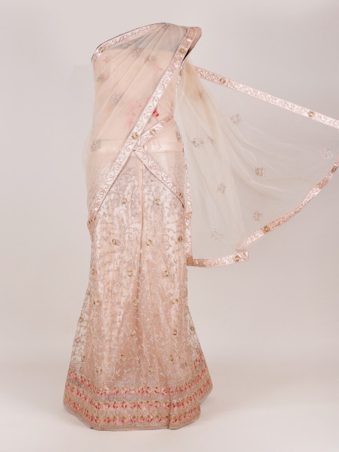 

Pothys Peach-Coloured Embroidered Beads and Stones Unstitched Lehenga & Blouse With Dupatta