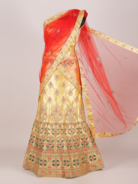 

Pothys Red & Gold-Toned Embroidered Unstitched Lehenga & Blouse With Dupatta