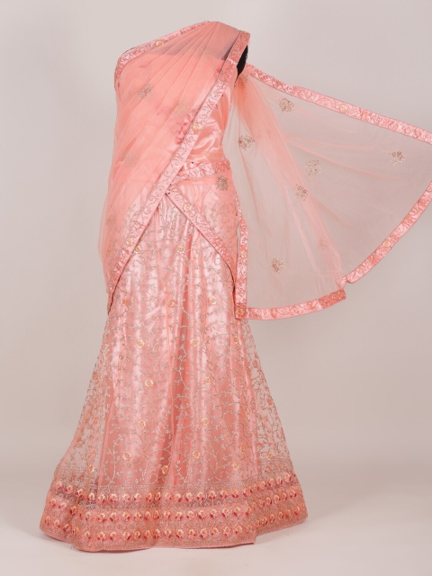 

Pothys Peach & Silver-Toned Floral Embroidered Net Half and Half Saree