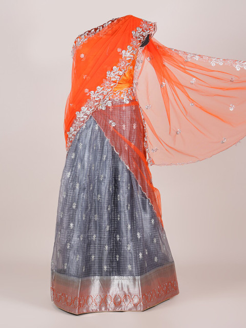 

Pothys Orange & Grey Embellished Unstitched Lehenga & Blouse With Dupatta