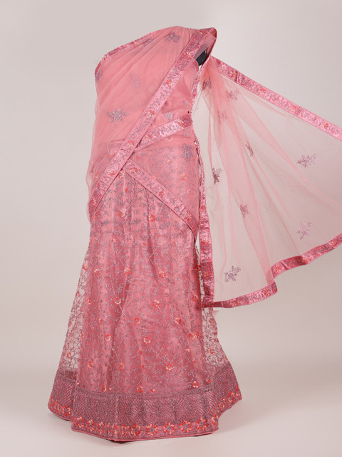 

Pothys Pink Embroidered Unstitched Lehenga & Blouse With Dupatta