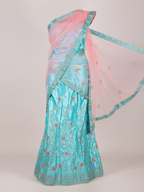 

Pothys Pink & Blue Embroidered Semi-Stitched Half Saree