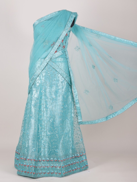 

Pothys Blue & Silver-Toned Floral Embroidered Net Half and Half Saree