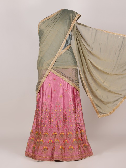 

Pothys Green & Pink Embroidered Semi-Stitched Half Saree
