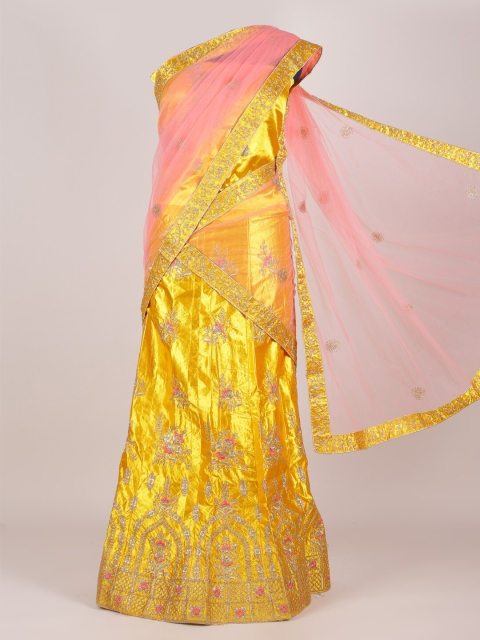 

Pothys Yellow & Pink Embroidered Unstitched Lehenga & Blouse With Dupatta