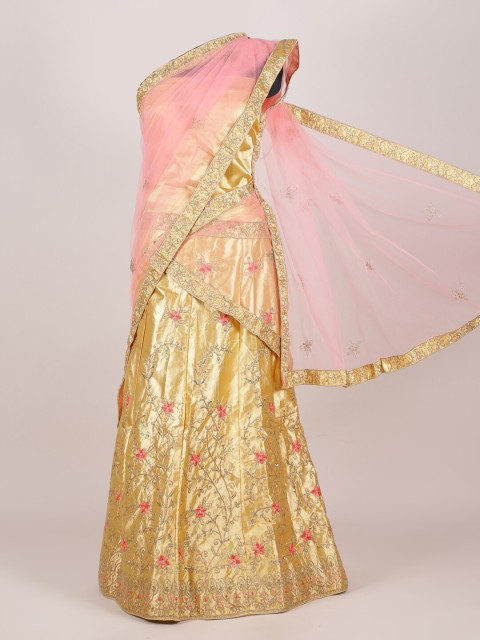 

Pothys Pink & Gold-Toned Embroidered Unstitched Lehenga & Blouse With Dupatta