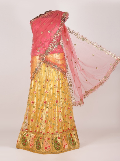 

Pothys Pink & Yellow Embroidered Semi-Stitched Half Saree