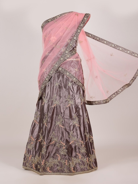 

Pothys Pink & Grey Ethnic Motifs Embroidered Net Half and Half Saree