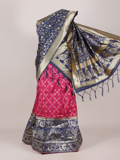 

Pothys Navy Blue & Magenta Unstitched Lehenga & Blouse With Dupatta