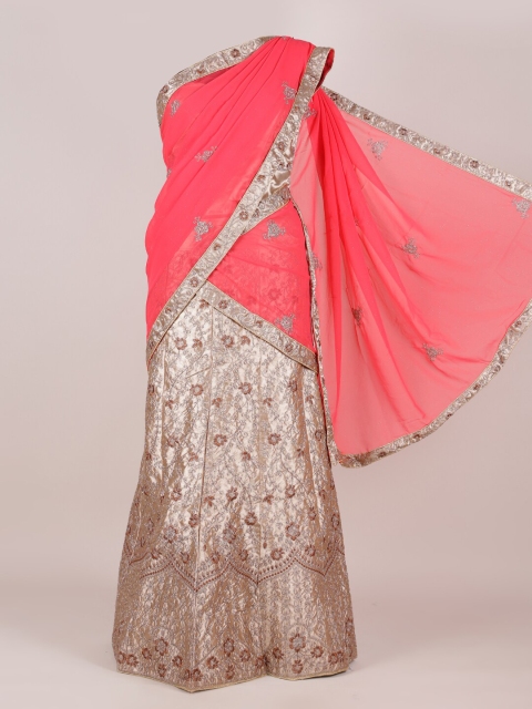 

Pothys Pink & Brown Embroidered Semi-Stitched Half Saree