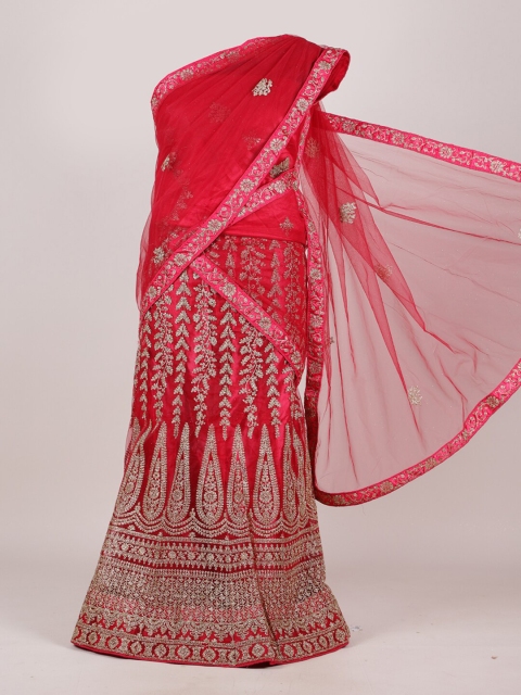 

Pothys Maroon & Silver-Toned Ethnic Motifs Embroidered Net Half and Half Saree