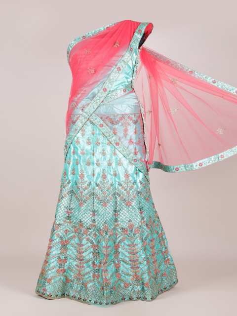 

Pothys Pink & Green Embroidered Unstitched Lehenga & Blouse With Dupatta