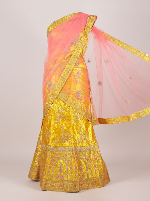

Pothys Pink & Yellow Embroidered Semi-Stitched Half Saree