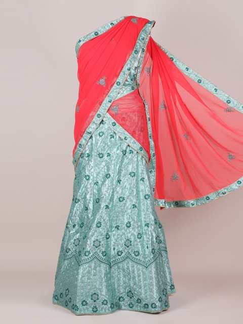 

Pothys Pink & Green Embroidered Unstitched Lehenga & Blouse With Dupatta