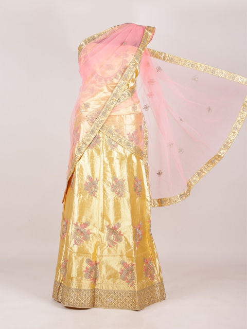 

Pothys Pink & Gold-Toned Embellished Unstitched Lehenga & Blouse With Dupatta