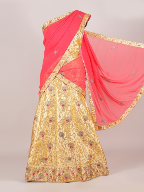 

Pothys Pink & Gold-Toned Embroidered Unstitched Lehenga & Blouse With Dupatta