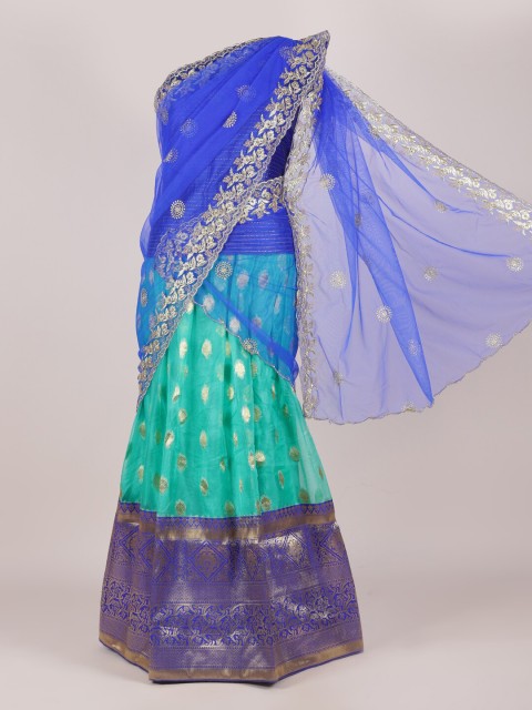 

Pothys Blue & Sea Green Unstitched Lehenga & Blouse With Dupatta