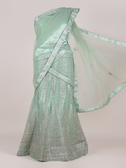 

Pothys Green & Silver-Toned Ethnic Motifs Embroidered Net Half and Half Saree
