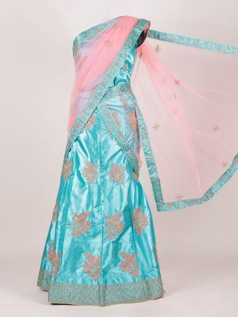 

Pothys Pink & Blue Embroidered Unstitched Lehenga & Blouse With Dupatta