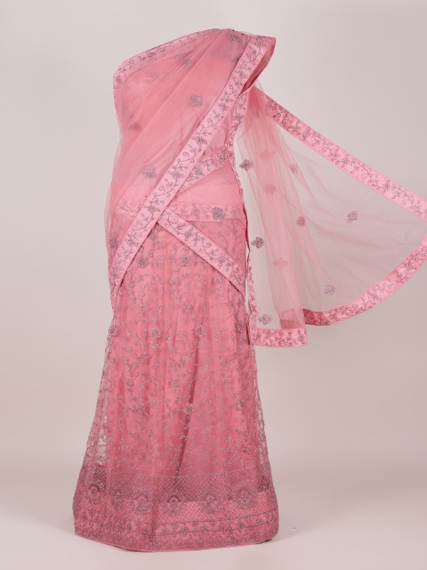 

Pothys Pink Floral Embroidered Net Half and Half Saree