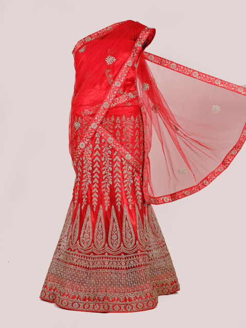 

Pothys Red & Gold-Toned Embroidered Unstitched Lehenga & Blouse With Dupatta