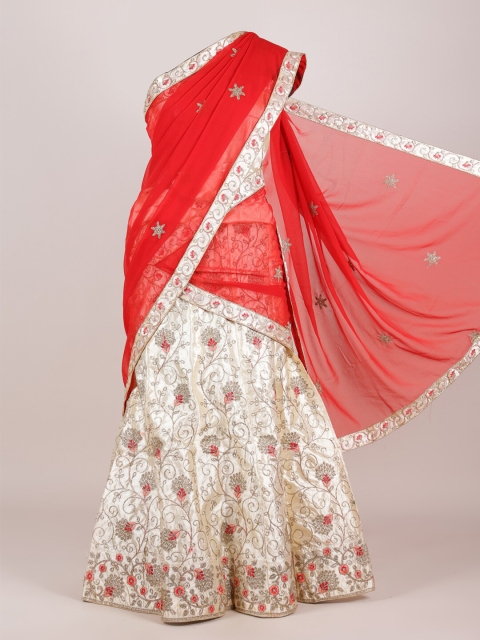 

Pothys Red & Cream-Coloured Embroidered Unstitched Lehenga & Blouse With Dupatta