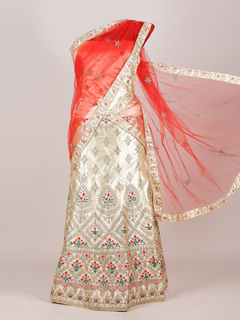 

Pothys Red & Cream-Coloured Embroidered Unstitched Half Saree
