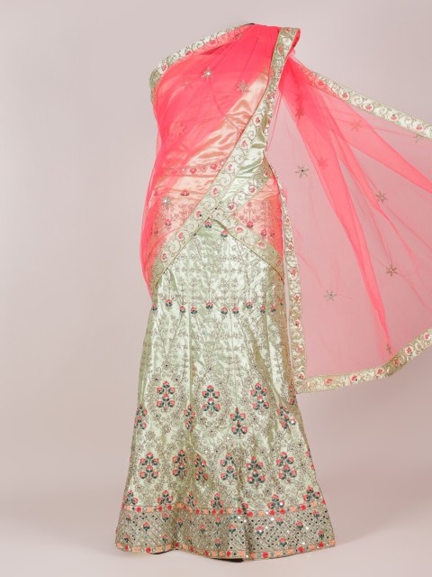 

Pothys Pink & Green Floral Embroidered Net Half and Half Saree