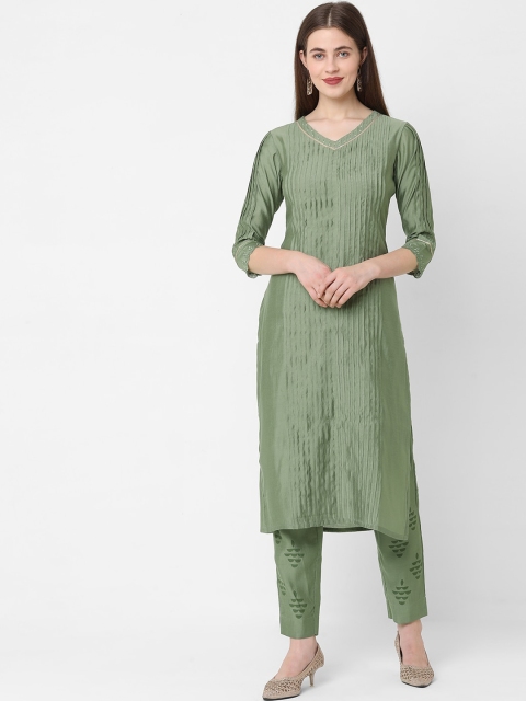 

KAMI KUBI Women Green Printed Tiered Kurti with Trousers