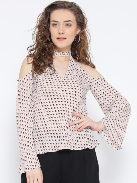 

RARE Women Off-White Georgette Printed Cold Shoulder Top