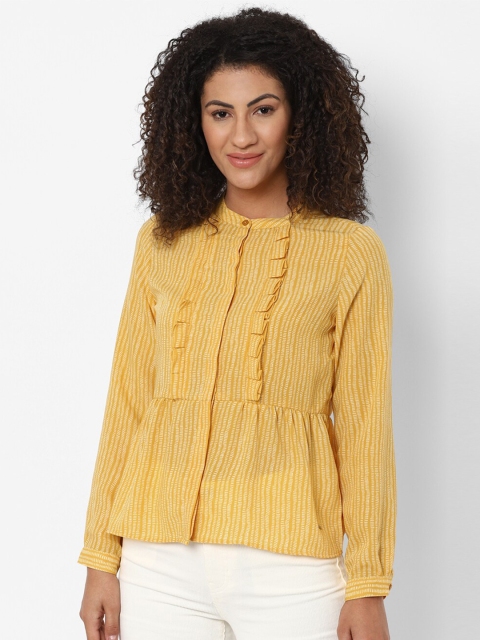 

Allen Solly Woman Yellow & White Striped Mandarin Collar Top