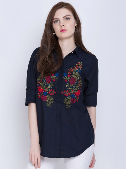 

Tokyo Talkies Women Navy Embroidered Classic Fit Casual Shirt, Navy blue