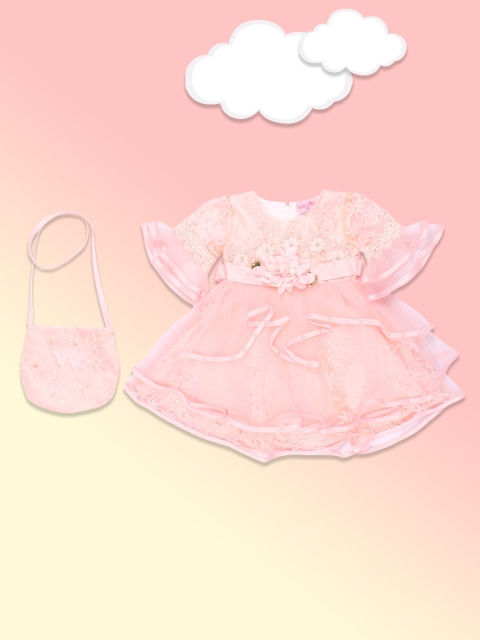 

CUTECUMBER Girls Peach-Coloured Embellished Net Dress with Sling Bag
