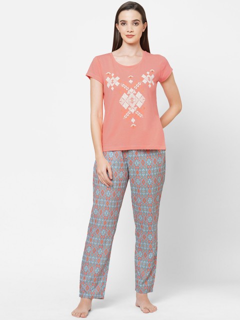 

MAYSIXTY Women Peach-Coloured & Grey Printed Cotton Night suit
