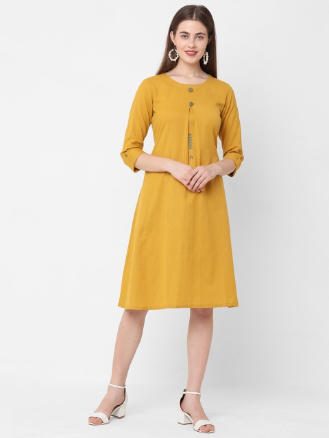 

KAMI KUBI Mustard Yellow Embroidered Pure Cotton A-Line Dress