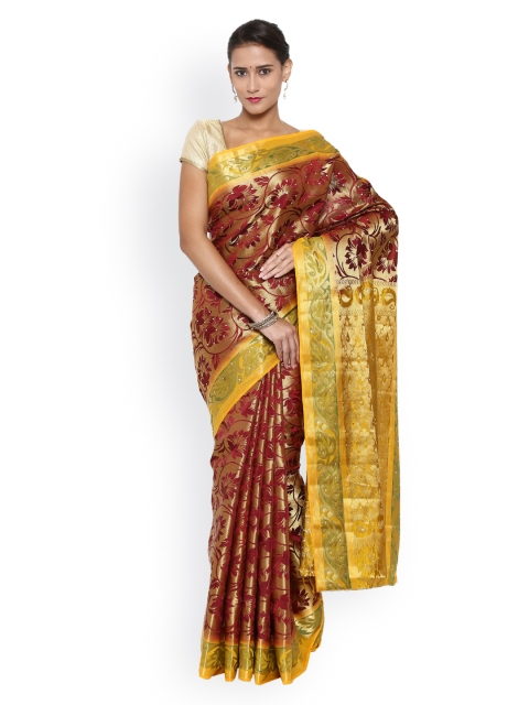 

MIMOSA Maroon & Gold-Toned Embellished Kanjeevaram Art Silk Traditional Saree