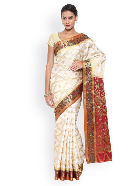 

MIMOSA Off-White Embellished Kanjeevaram Art Silk Traditional Saree