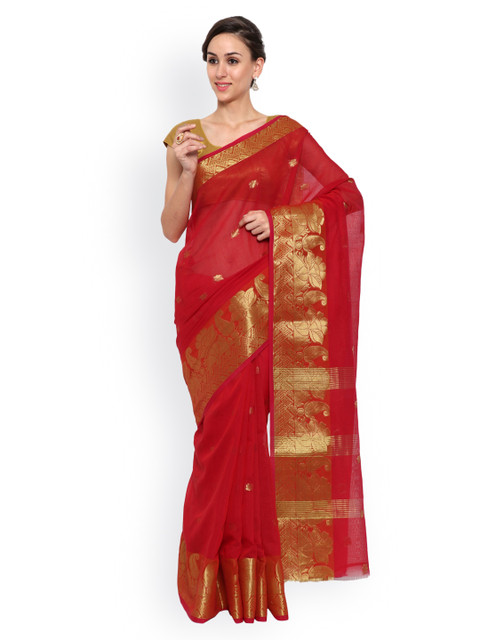 

MIMOSA Red Banarasi Cotton Silk Traditional Saree