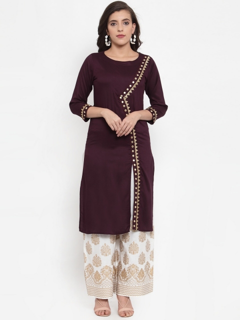 

Jompers Women Purple & Golden Geometric Embellished Mirror Work Kurta