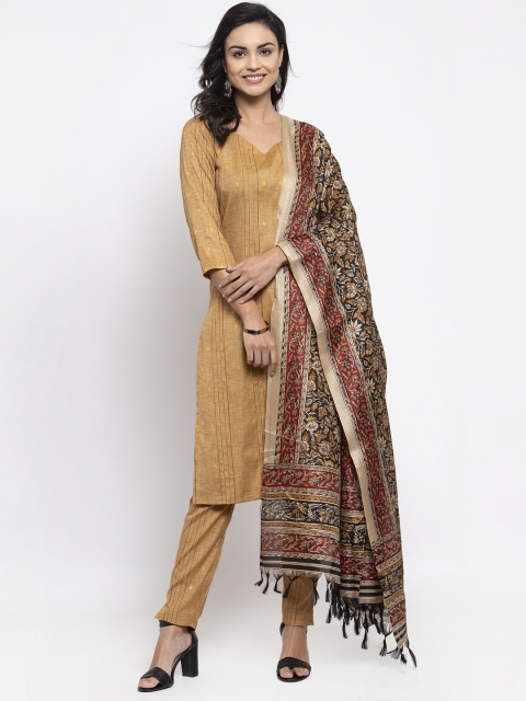 

Jompers Women Beige Striped Panelled Kurti with Trousers & With Dupatta