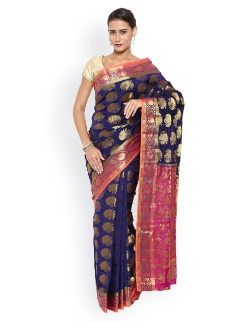 

MIMOSA Navy & Gold-Toned Kanjeevaram Art Silk Traditional Saree, Navy blue