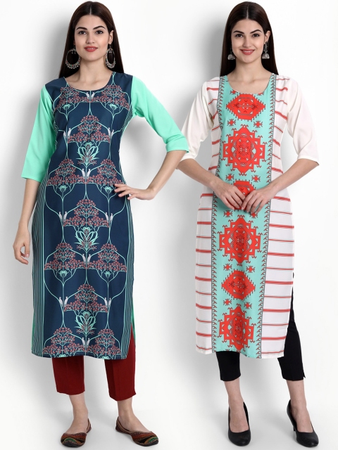 

Ethnic basket Women Multicoloured Printed Flared Sleeves Thread Work Crepe Kurta, Multi