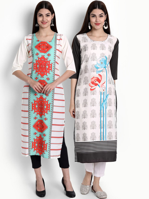 

Ethnic basket Women Multicoloured Printed Flared Sleeves Thread Work Crepe Kurta, Multi